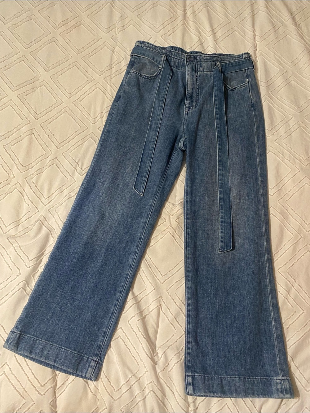 J. Crew High-Waisted Wide Leg Blue Denim Cropped Jeans with Tie Belt